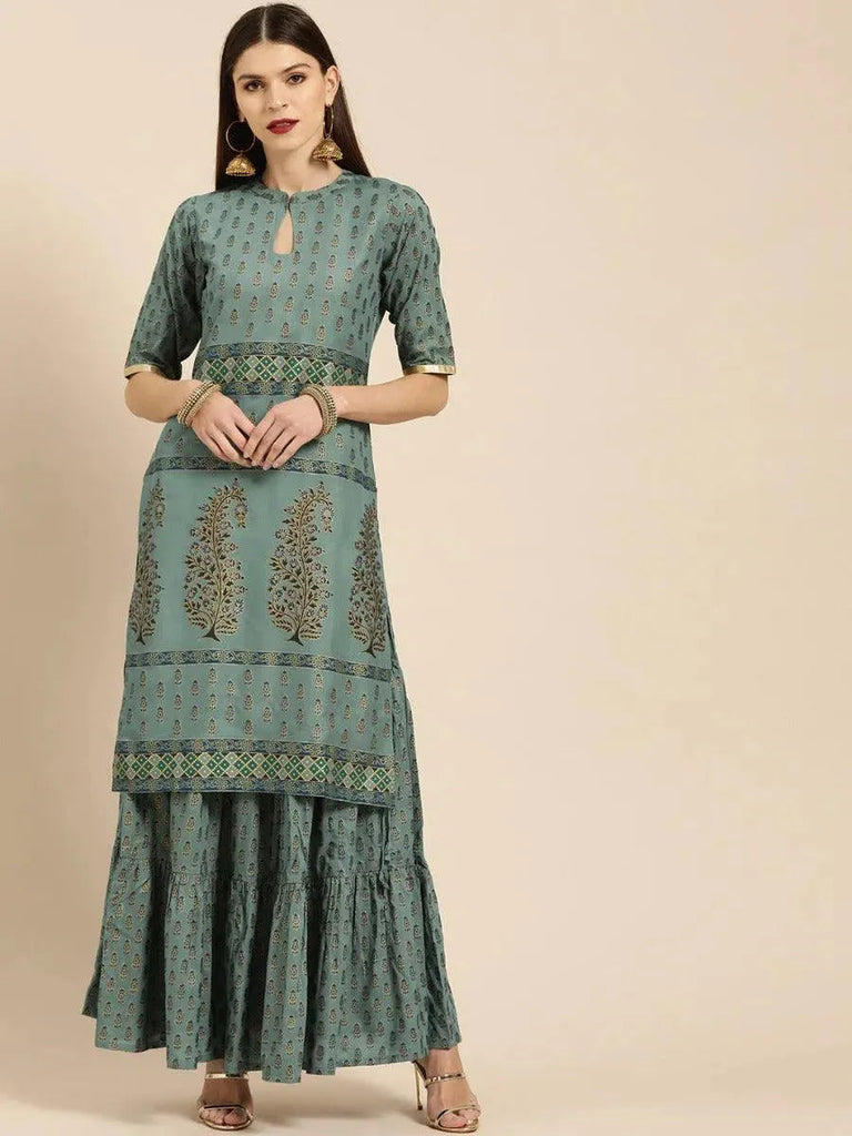 Libas Grey Printed Cotton Straight Kurta With Skirt