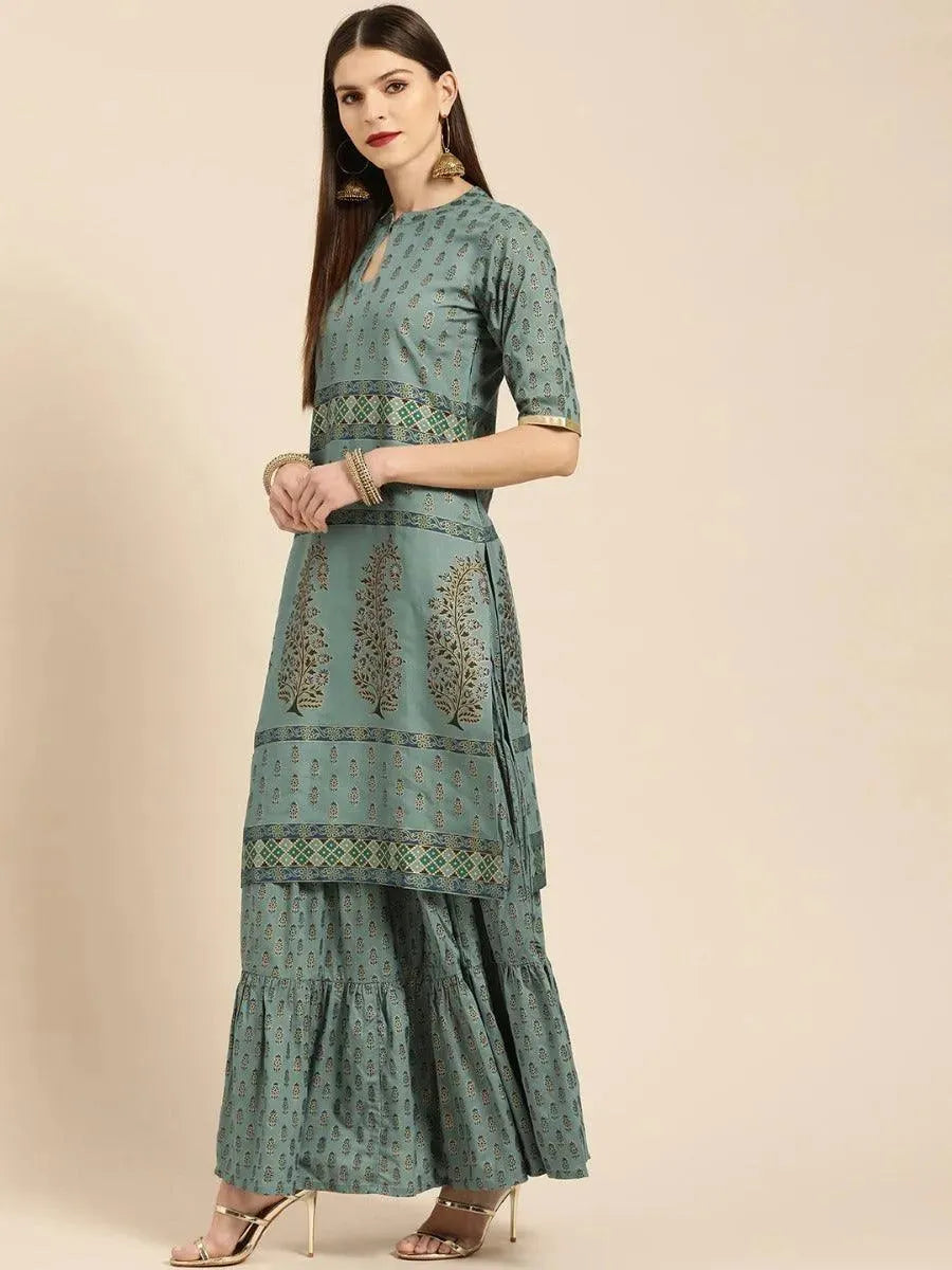 Grey Printed Cotton Kurta Set - Libas