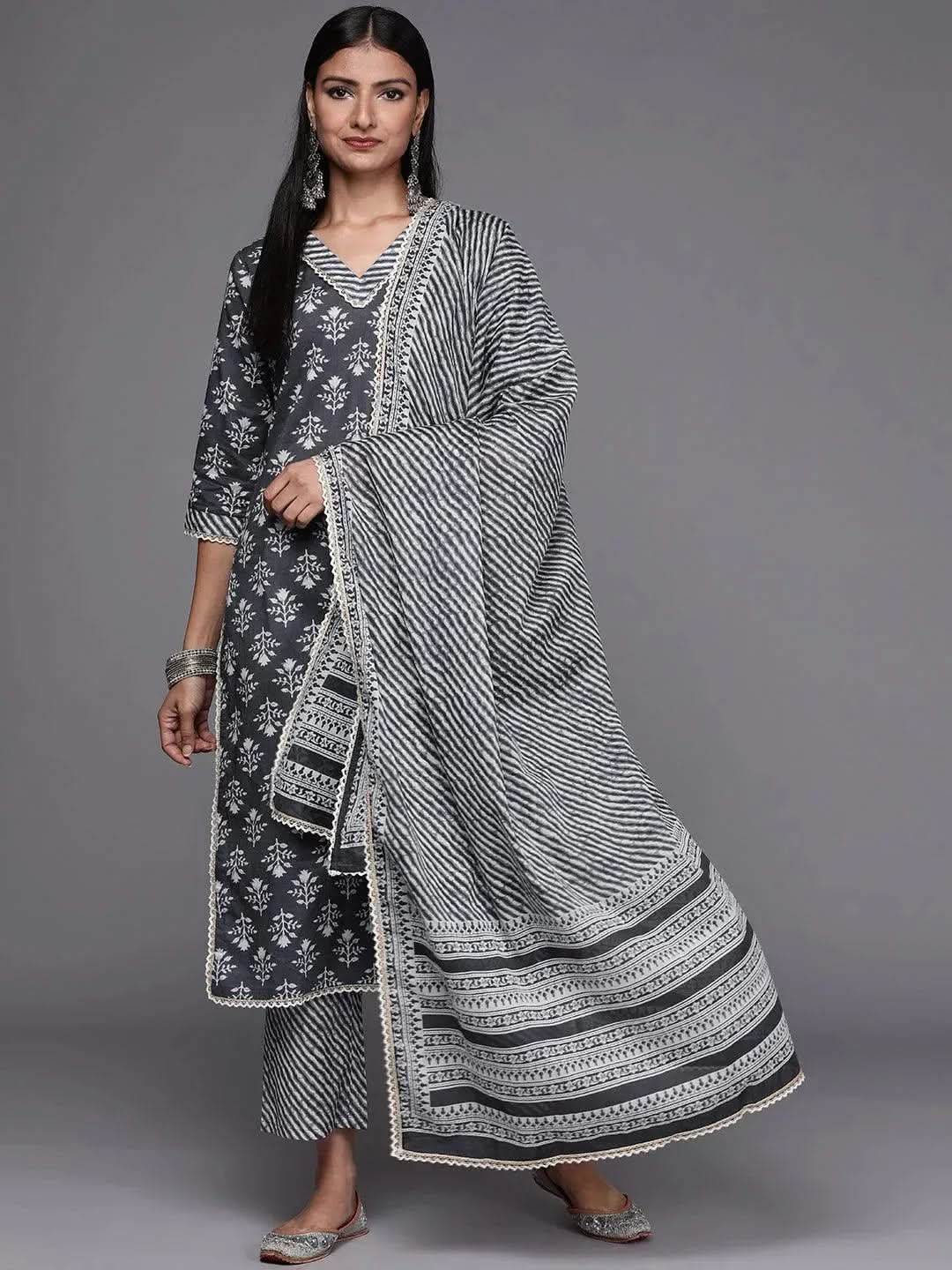 Grey Printed Cotton Straight Suit Set - Libas 