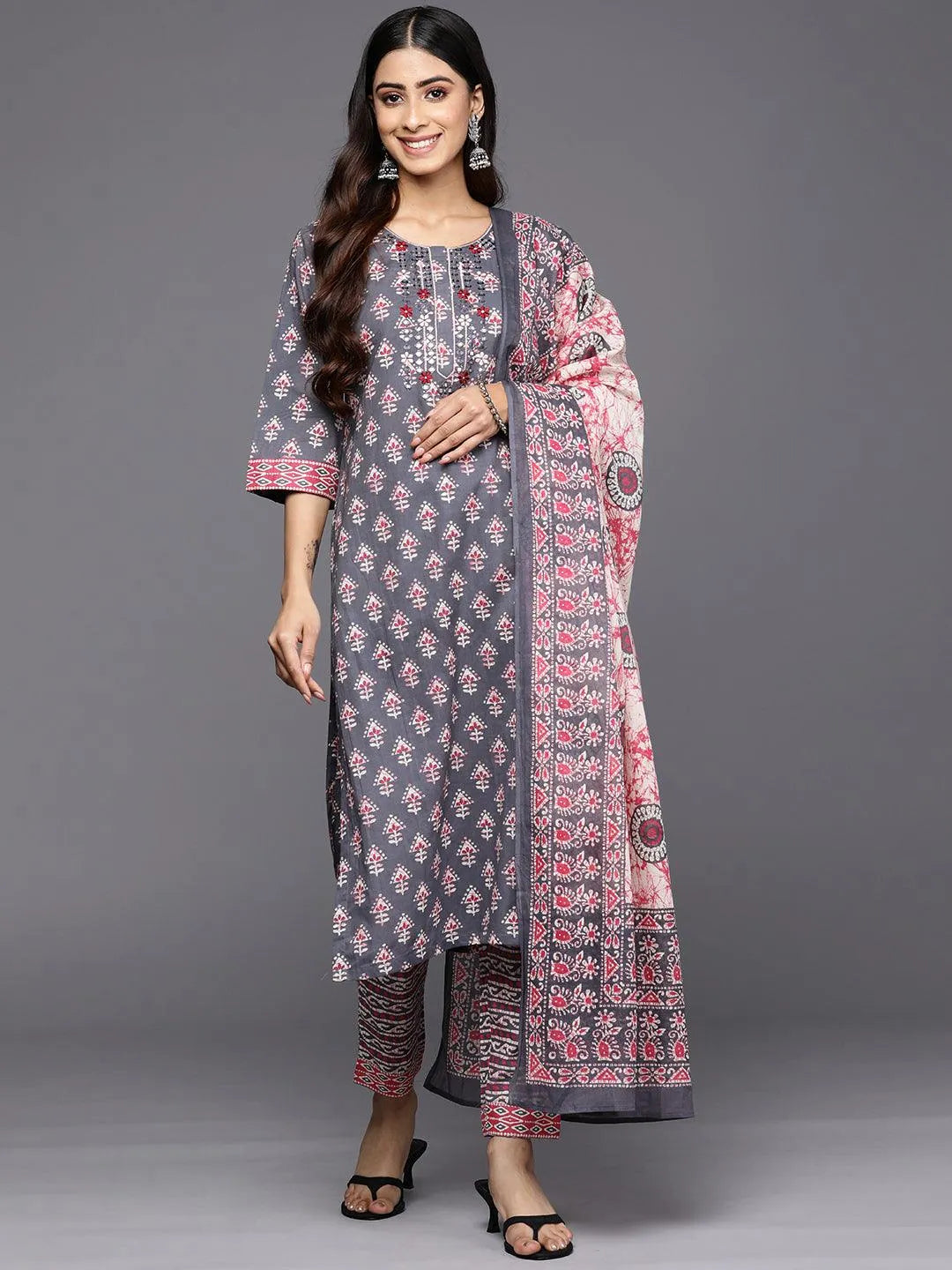 Grey Printed Cotton Straight Suit Set With Trousers - Libas