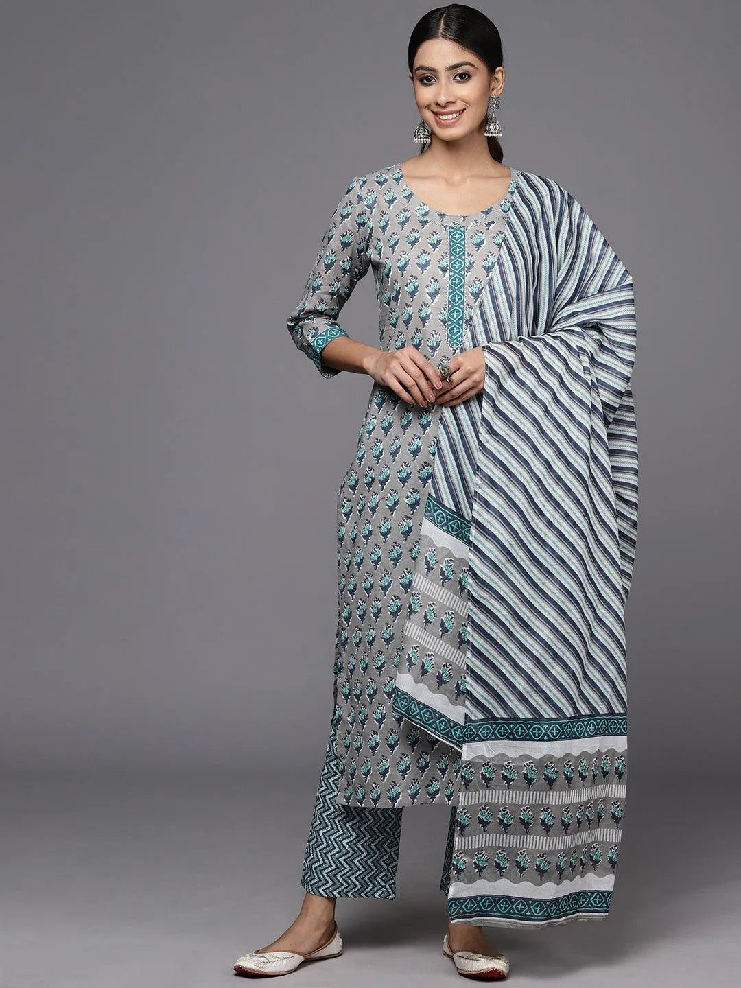 Grey Printed Cotton Straight Kurta With Trousers & Dupatta - Libas