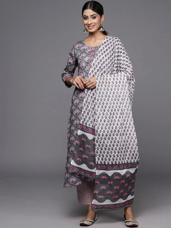 Grey Printed Cotton Straight Kurta With Trousers & Dupatta - Libas