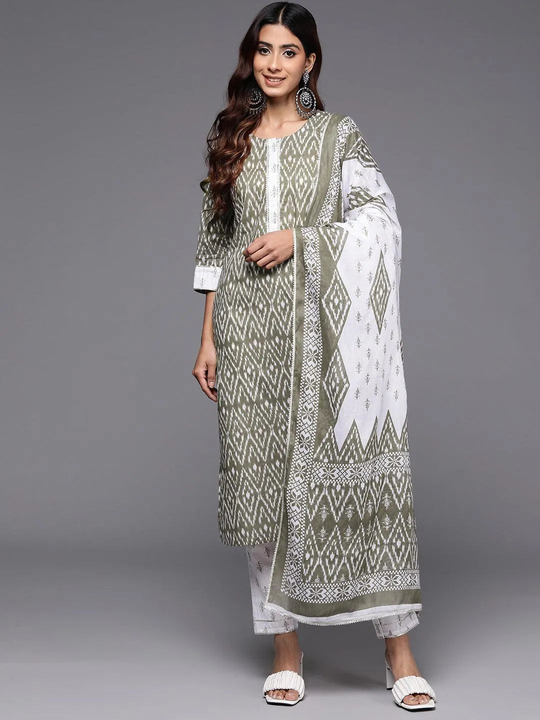 Grey Printed Cotton Straight Kurta With Trousers & Dupatta - Libas 
