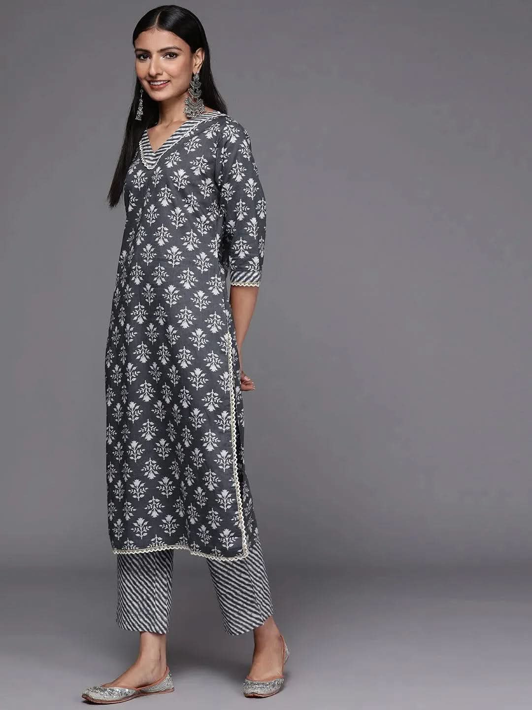 Grey Printed Cotton Straight Suit Set - Libas 