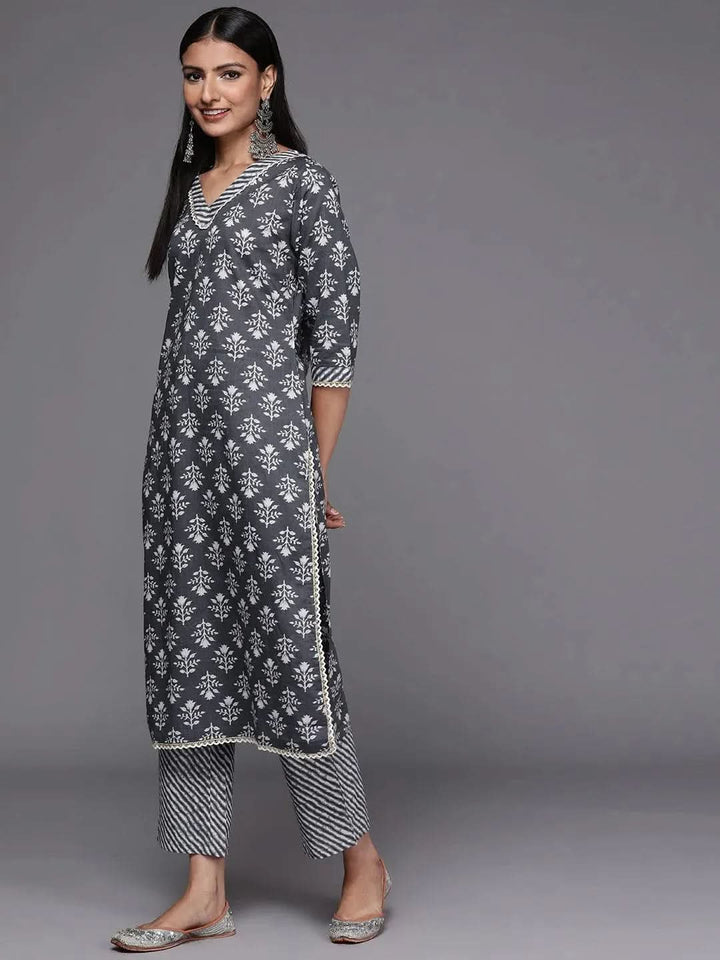 Grey Printed Cotton Straight Suit Set - Libas