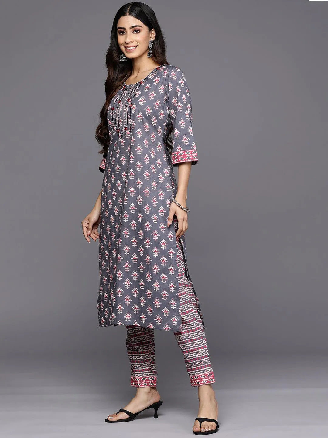 Grey Printed Cotton Straight Suit Set With Trousers - Libas 