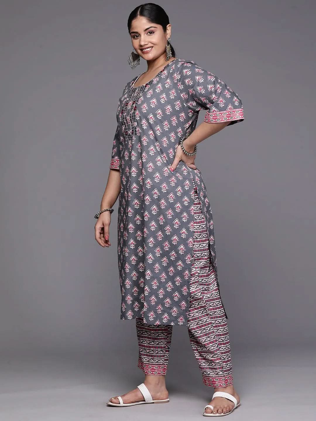 Black Yoke Design Cotton Straight Kurta With Trousers & Dupatta - Libas 