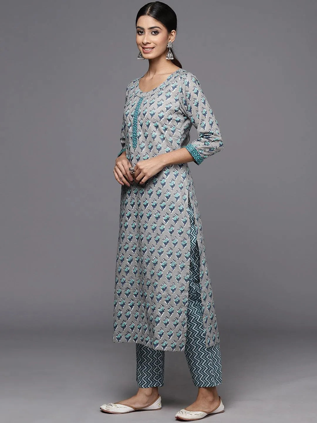 Grey Printed Cotton Straight Kurta With Trousers & Dupatta - Libas