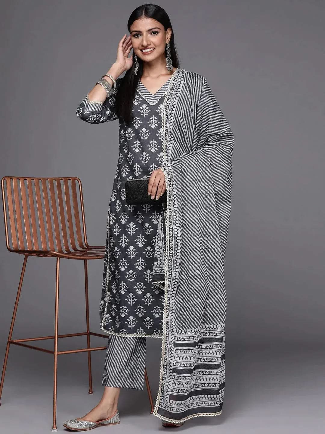 Grey Printed Cotton Straight Suit Set - Libas 