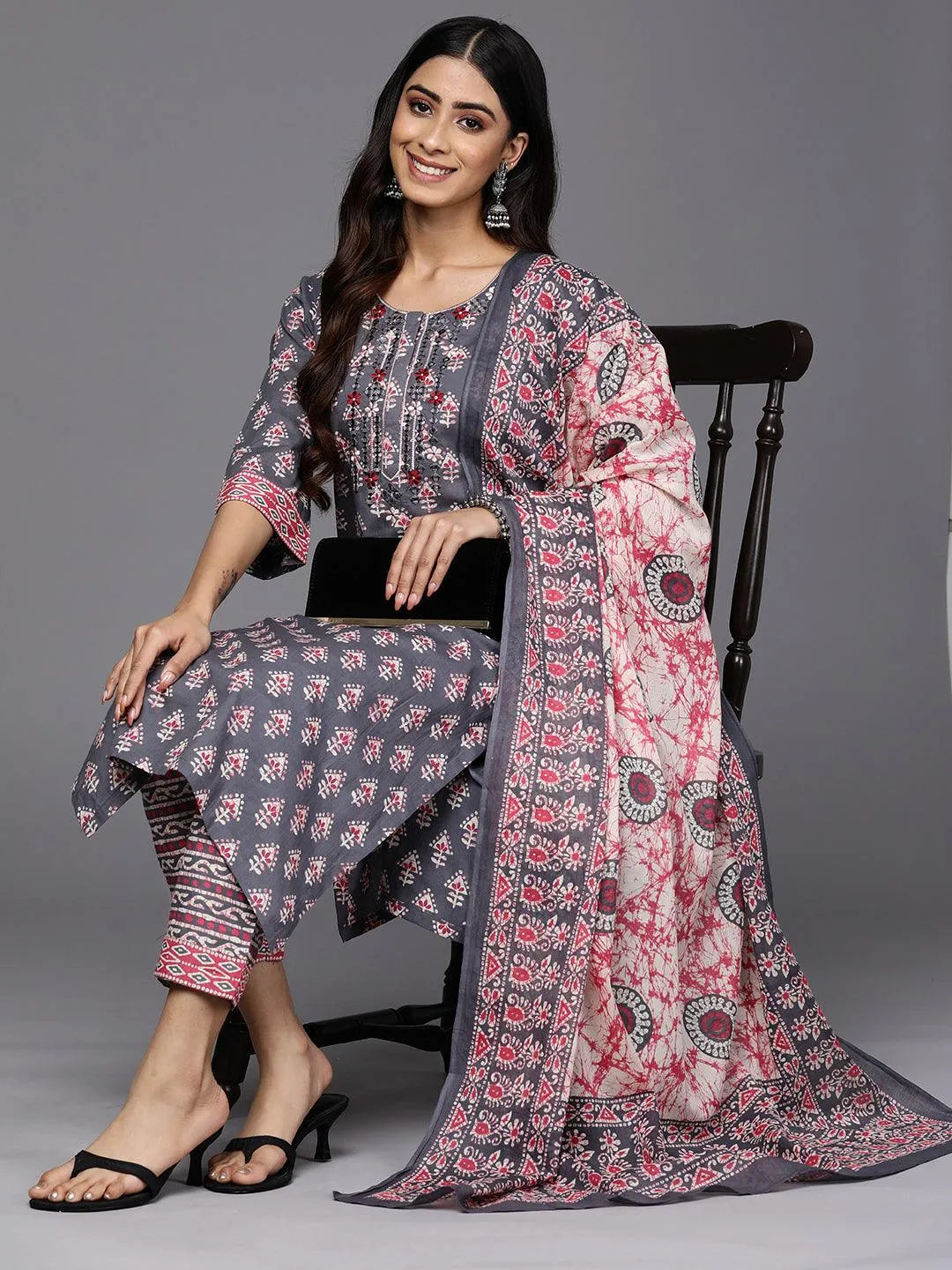 Grey Printed Cotton Straight Suit Set With Trousers - Libas