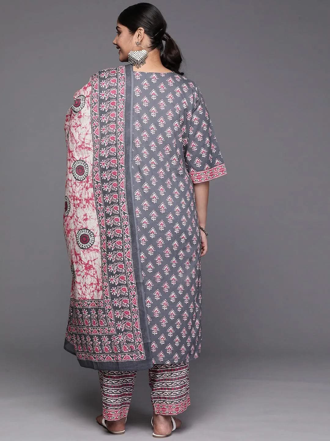 Black Yoke Design Cotton Straight Kurta With Trousers & Dupatta - Libas 