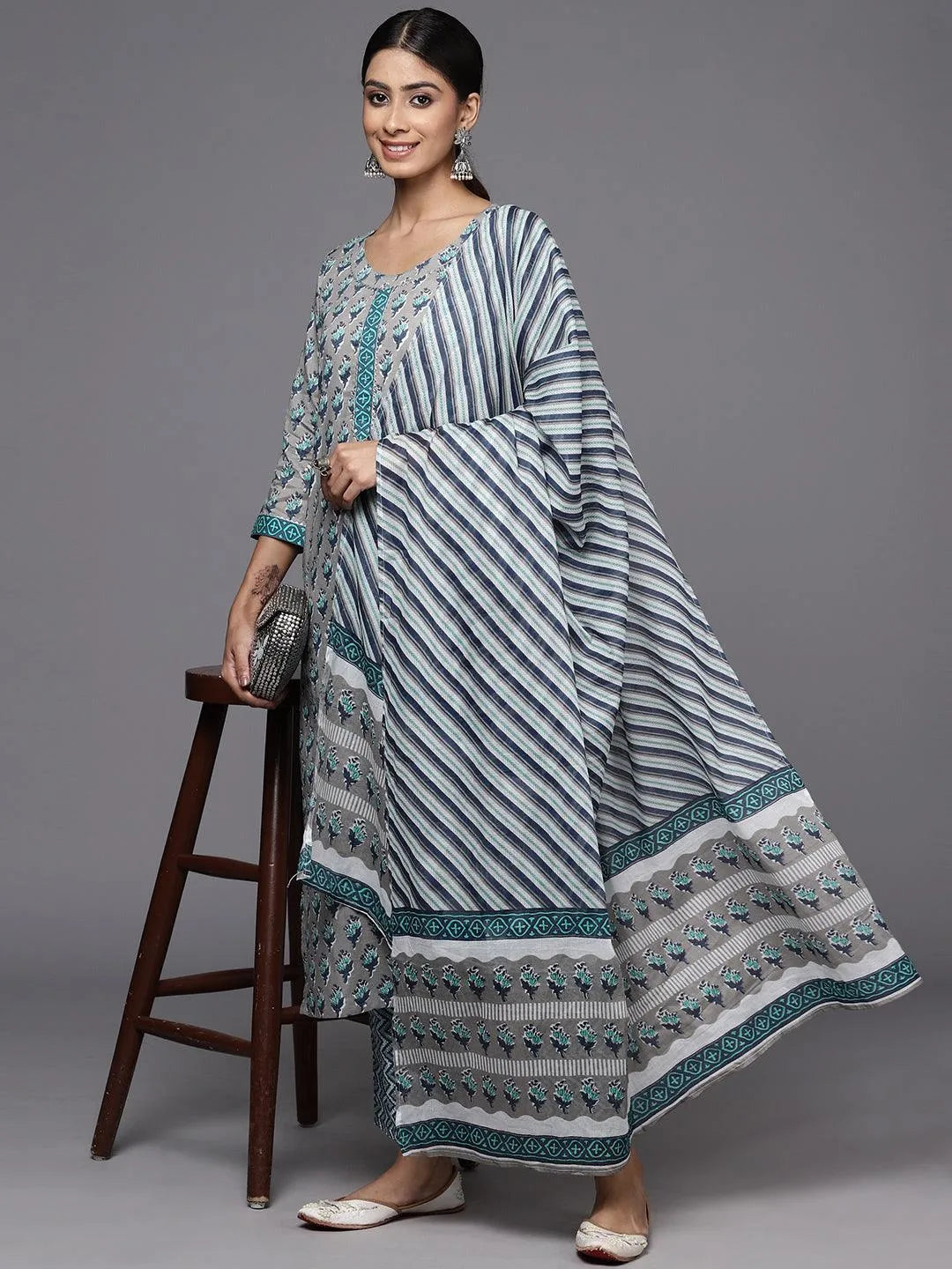 Grey Printed Cotton Straight Kurta With Trousers & Dupatta - Libas