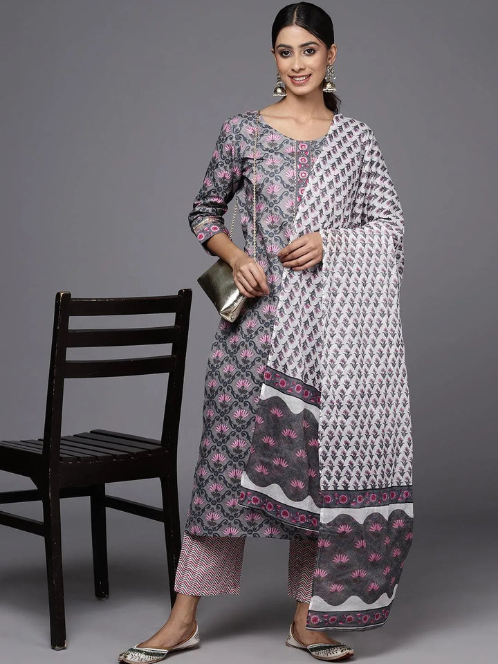 Grey Printed Cotton Straight Kurta With Trousers & Dupatta - Libas