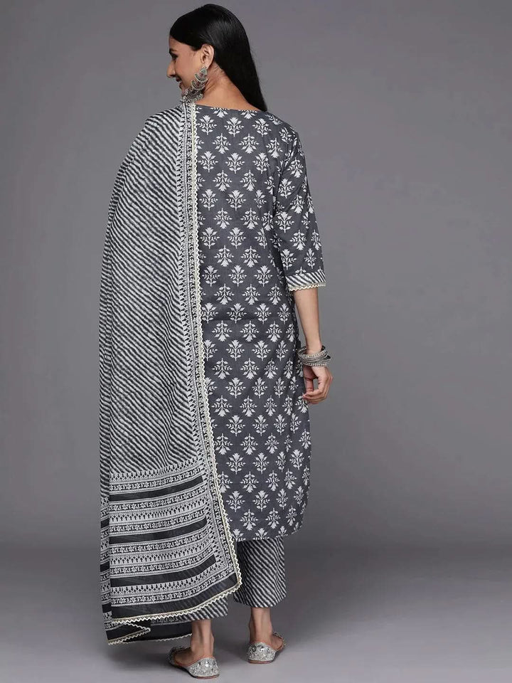 Grey Printed Cotton Straight Suit Set - Libas