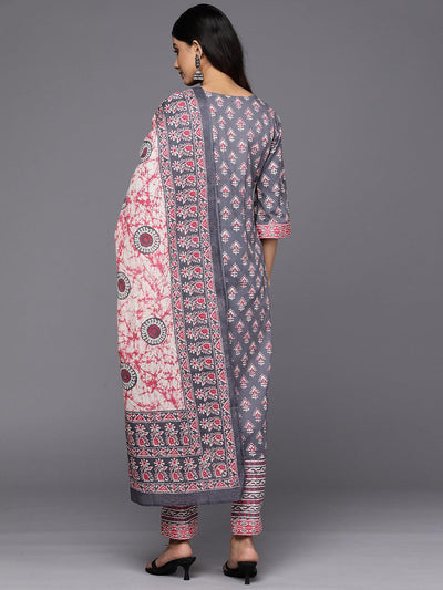 Grey Printed Cotton Straight Suit Set With Trousers - Libas