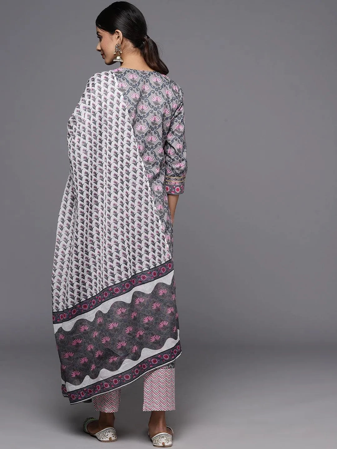 Grey Printed Cotton Straight Kurta With Trousers & Dupatta - Libas 