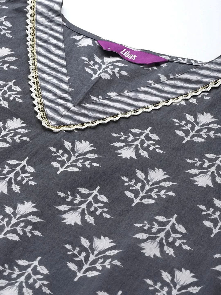 Grey Printed Cotton Straight Suit Set - Libas