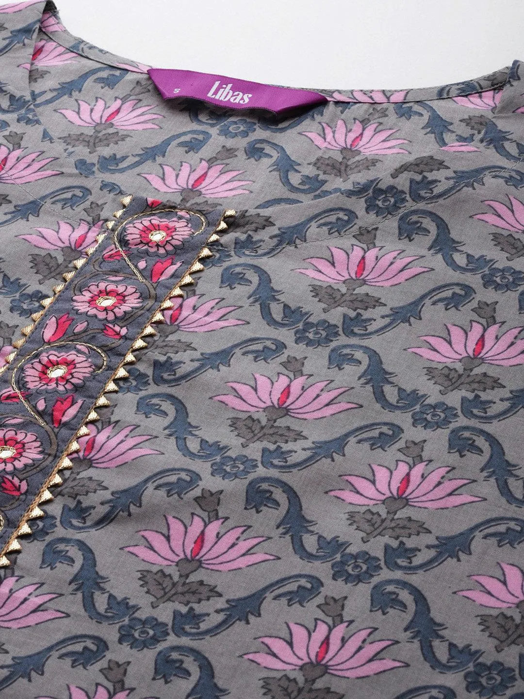Grey Printed Cotton Straight Kurta With Trousers & Dupatta - Libas 