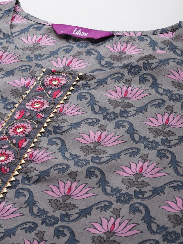 Grey Printed Cotton Straight Kurta With Trousers & Dupatta - Libas