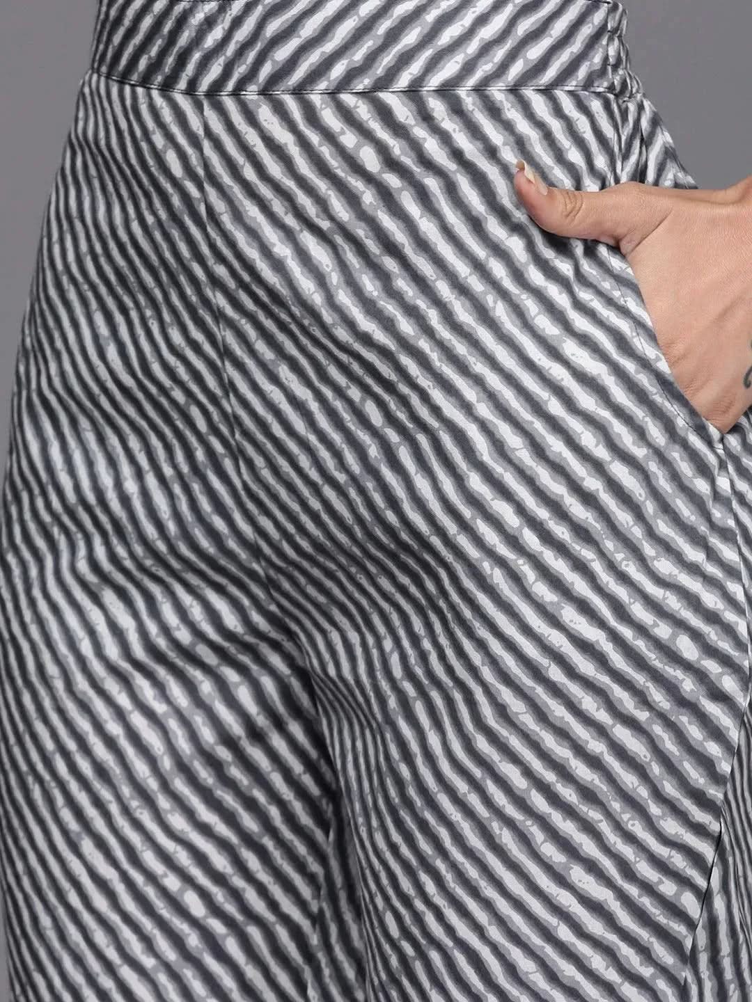 Grey Printed Cotton Straight Suit Set - Libas 