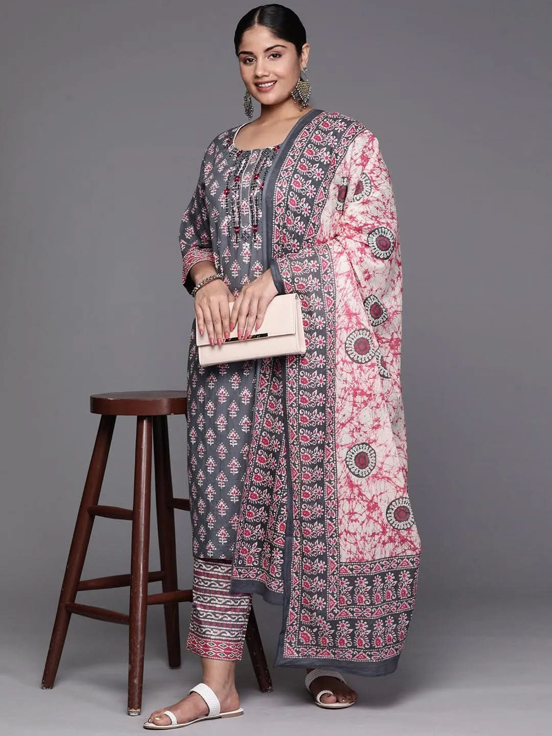 Black Yoke Design Cotton Straight Kurta With Trousers & Dupatta - Libas 