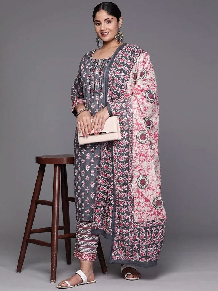 Black Yoke Design Cotton Straight Kurta With Trousers & Dupatta - Libas