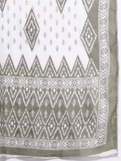 Grey Printed Cotton Straight Kurta With Trousers & Dupatta - Libas