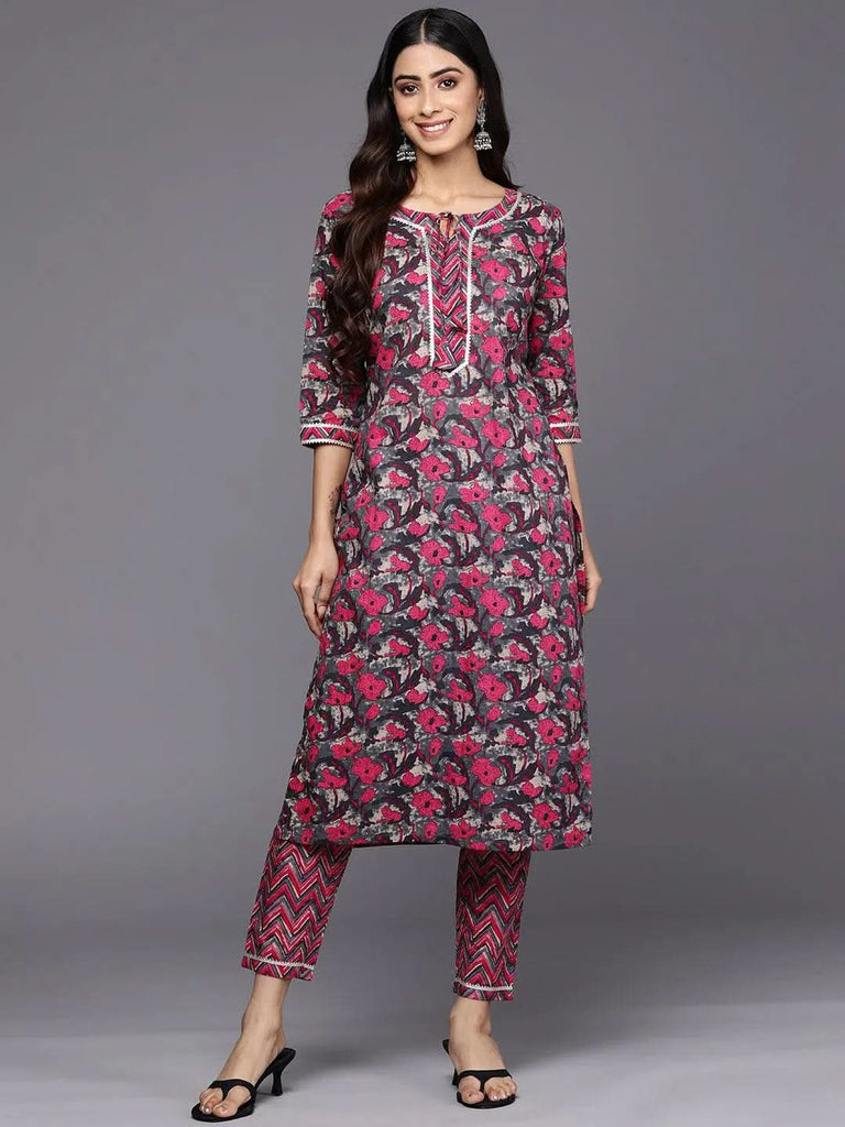 Libas Grey Printed Cotton Straight Kurta With Trousers