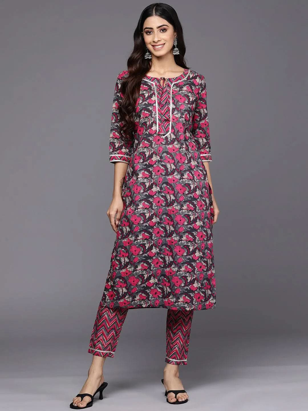 

Grey Printed Cotton Straight Kurta With Trousers
