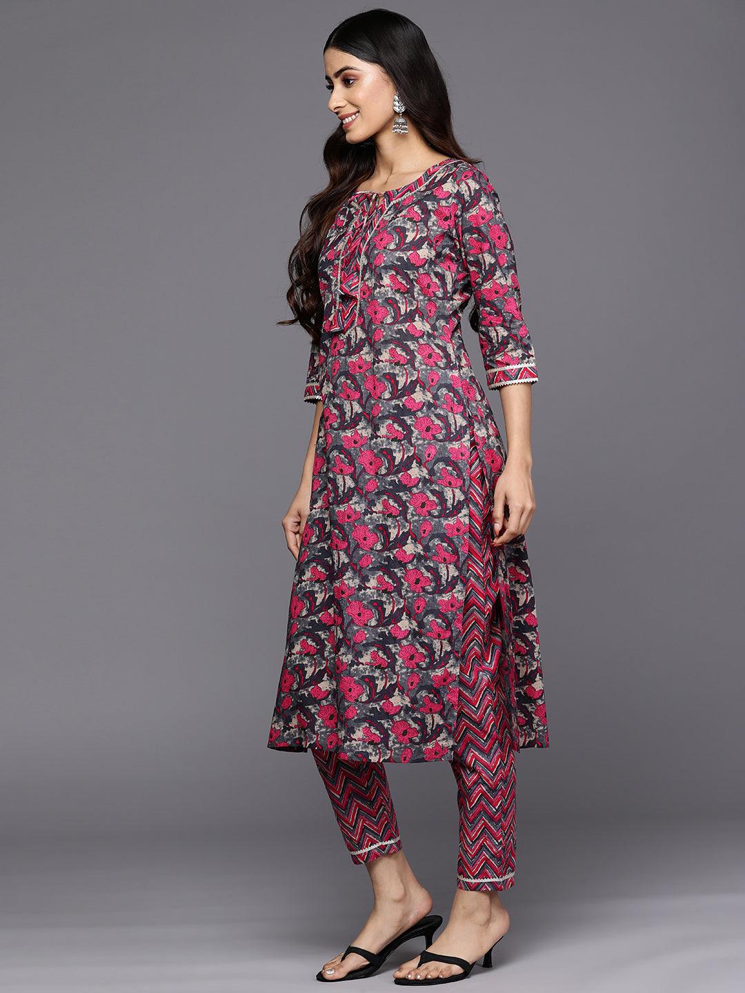 Grey Printed Cotton Straight Kurta With Trousers