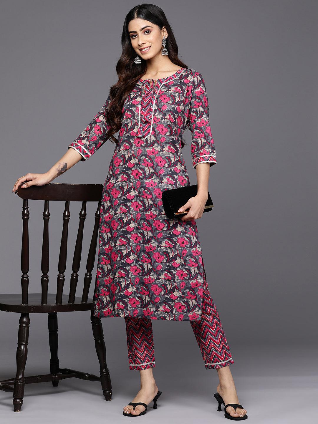 Grey Printed Cotton Straight Kurta With Trousers