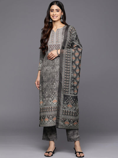 Grey Printed Crepe Straight Suit Set With Trousers - Libas