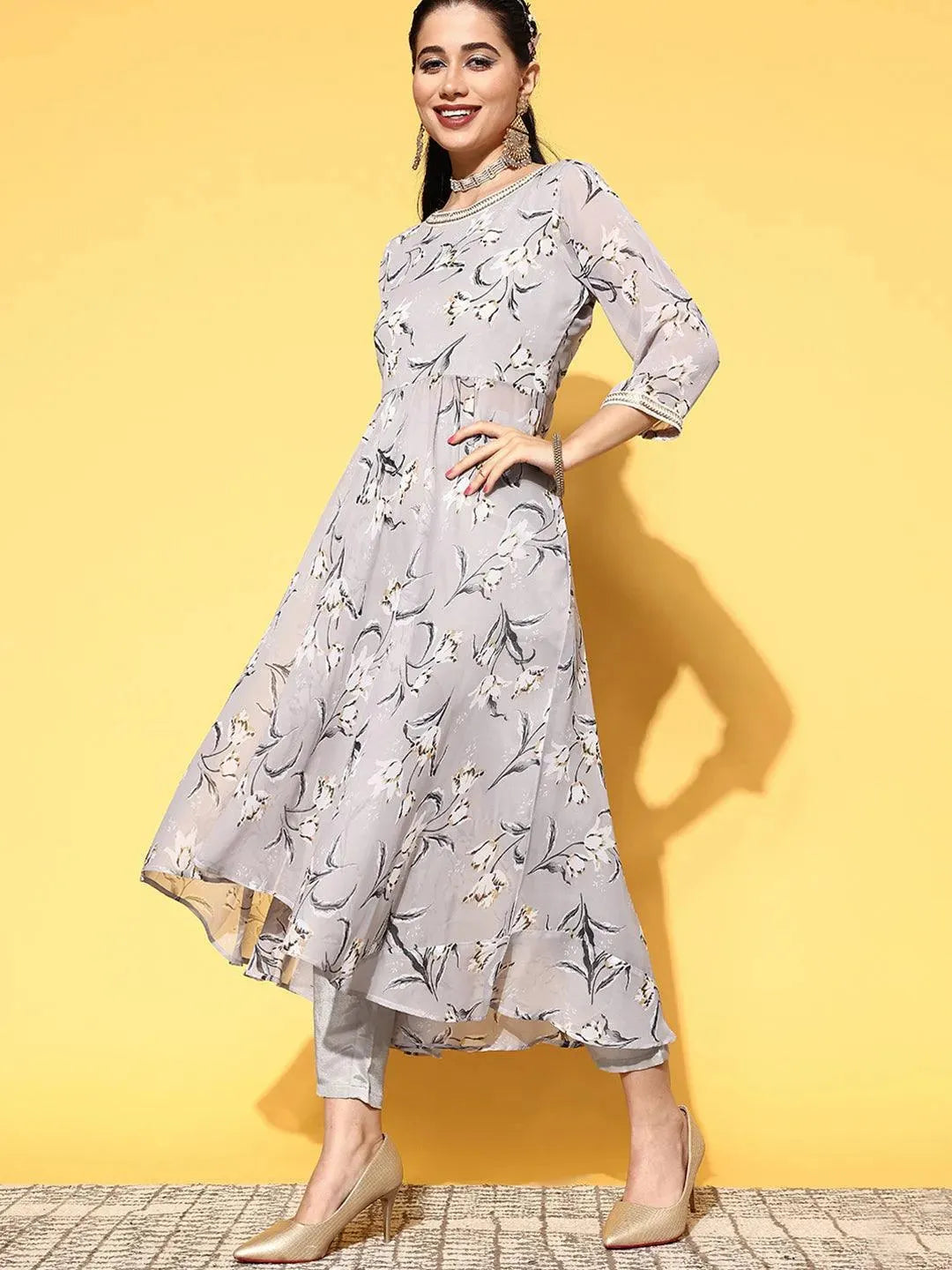 Grey Printed Georgette Anarkali Suit Set - Libas 