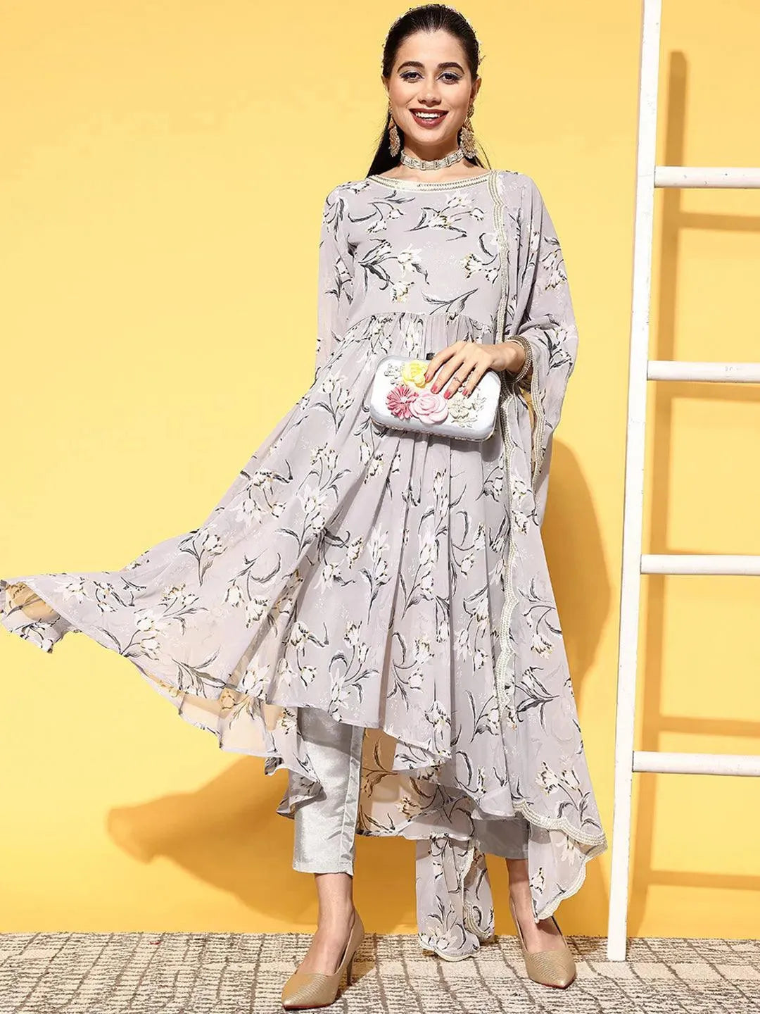 Grey Printed Georgette Anarkali Suit Set - Libas