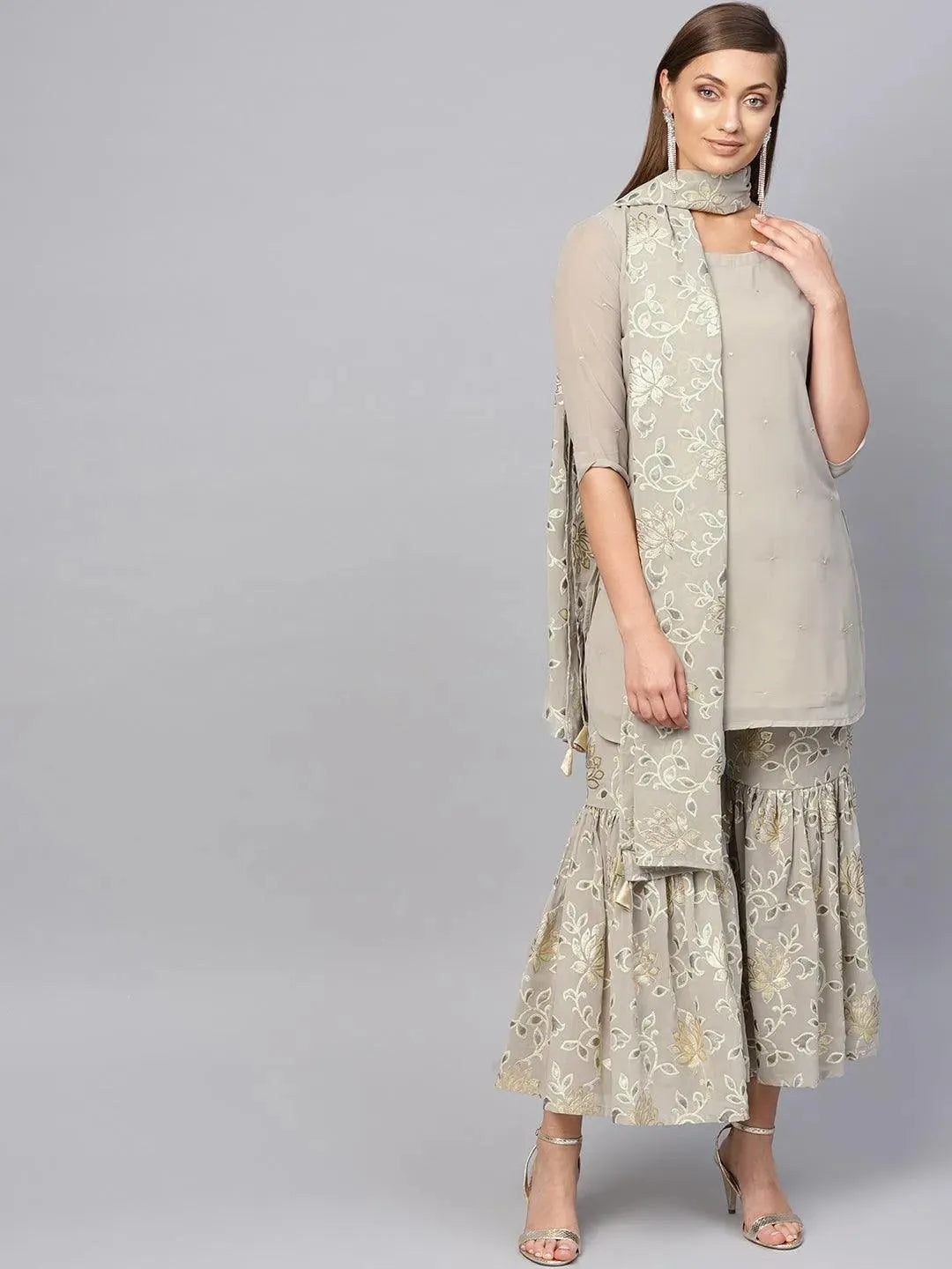 Grey Printed Georgette Suit Set - Libas