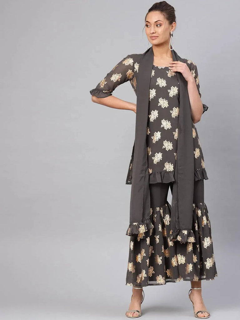 Libas Grey Printed Georgette Straight Kurta With Sharara & Stole