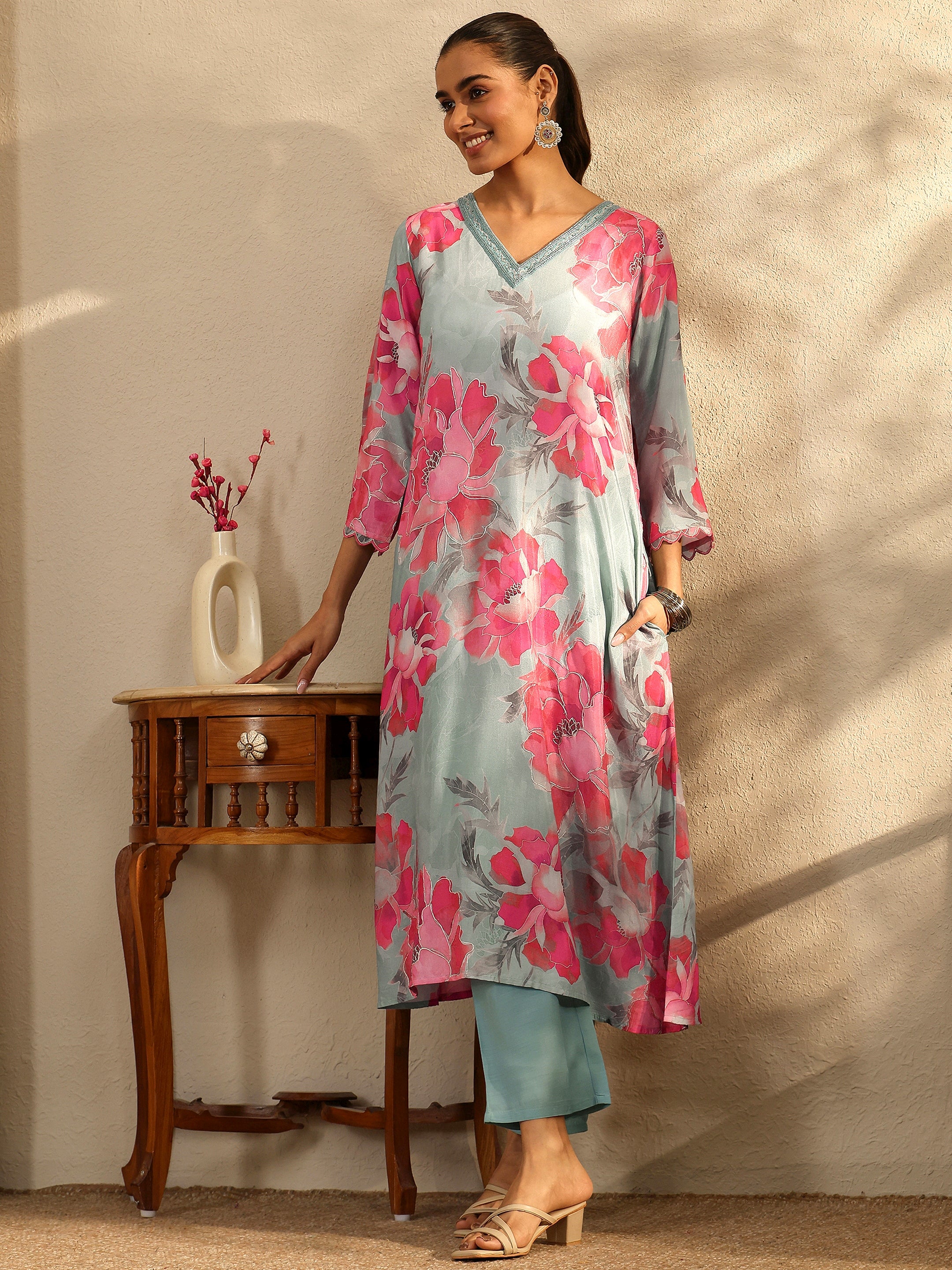 Grey Printed Muslin A-Line Kurta Set-image-25