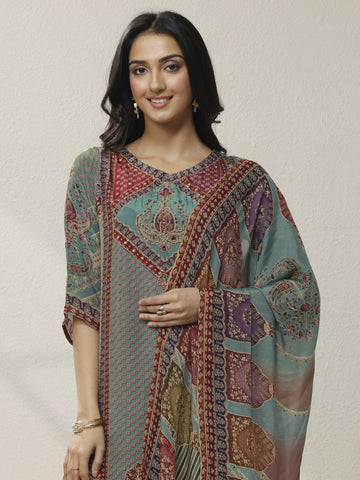 Grey Printed Muslin Straight Suit Set With Dupatta
