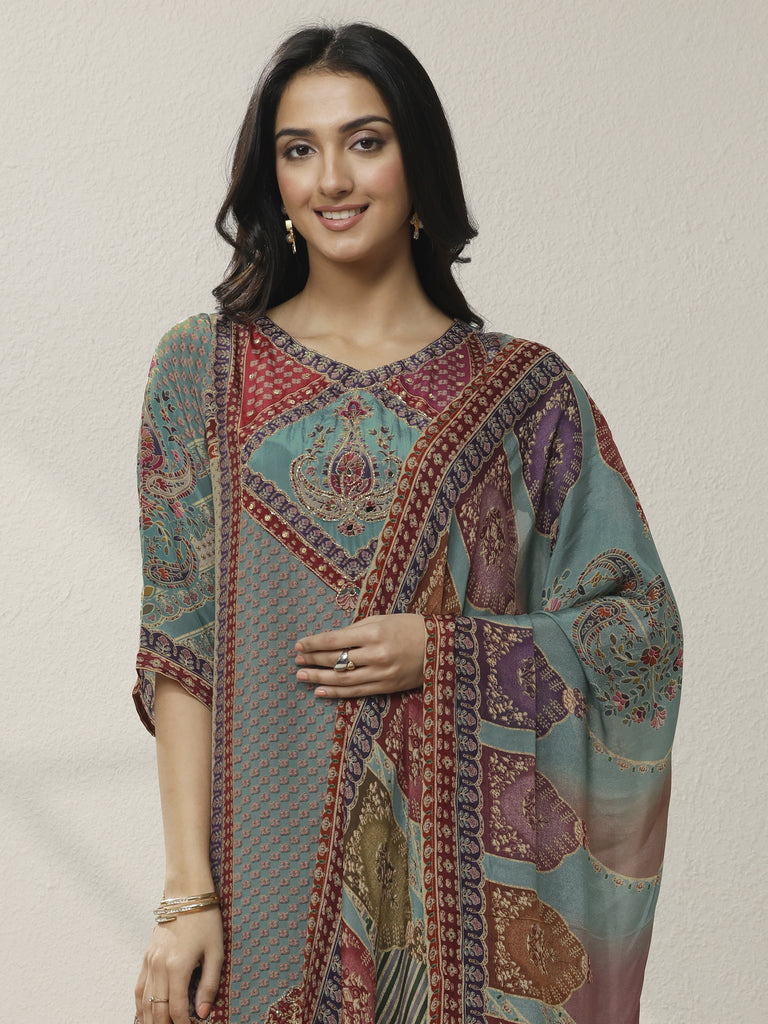 Libas Grey Printed Silk Blend Straight Suit Set With Dupatta
