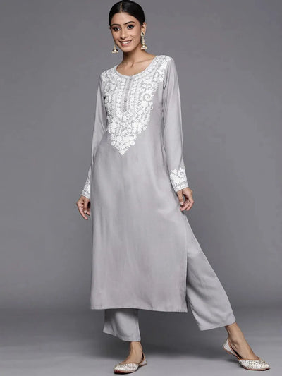 Grey Printed Pashmina Wool Kurta - Libas