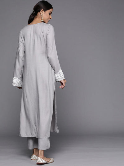Grey Printed Pashmina Wool Kurta - Libas