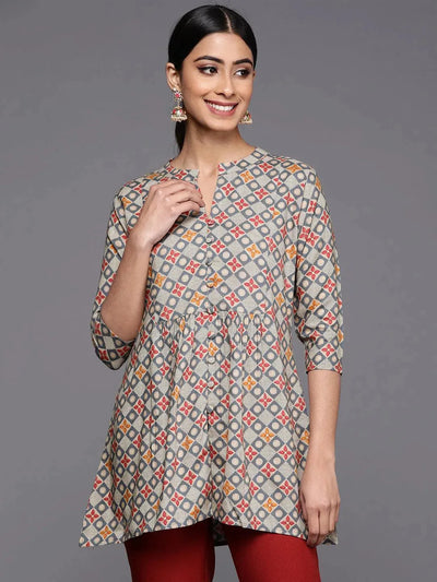 Grey Printed Rayon A-Line Kurti - Libas