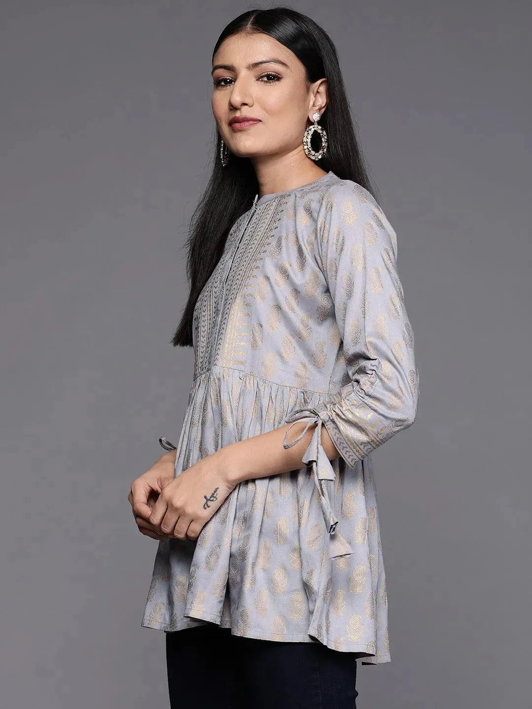 Grey Printed Rayon A-Line Kurti - Libas 