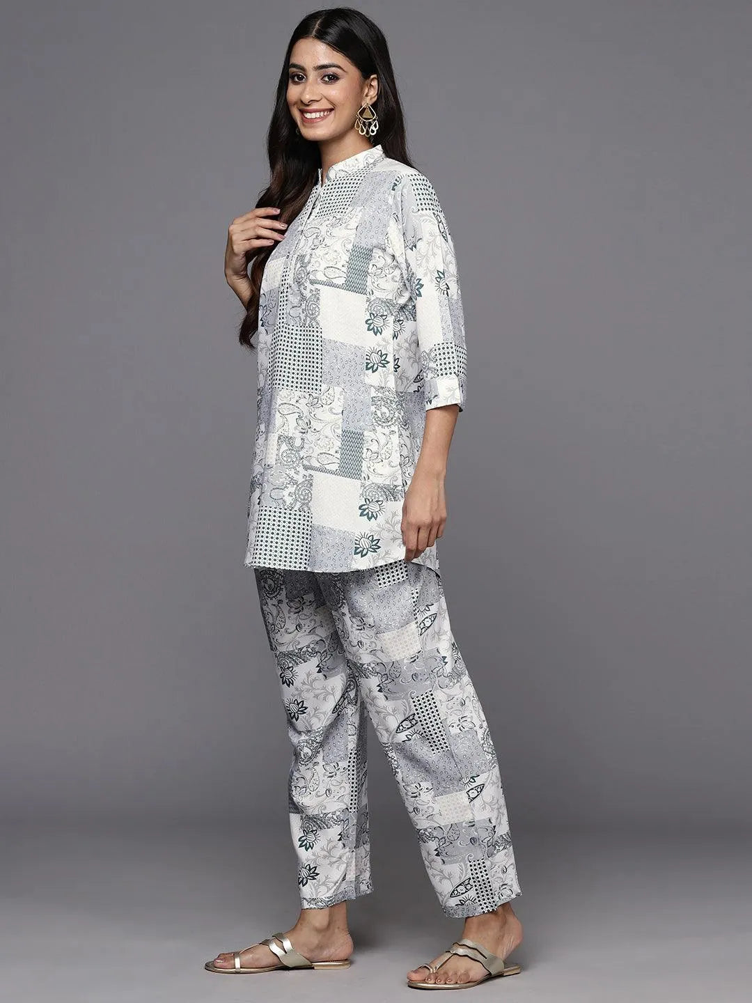 Grey Printed Rayon Co-Ords - Libas 