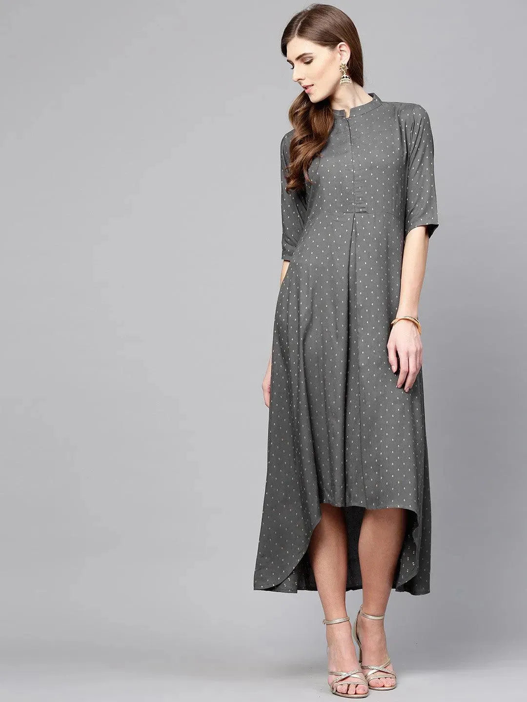 Grey Printed Rayon Dress - Libas