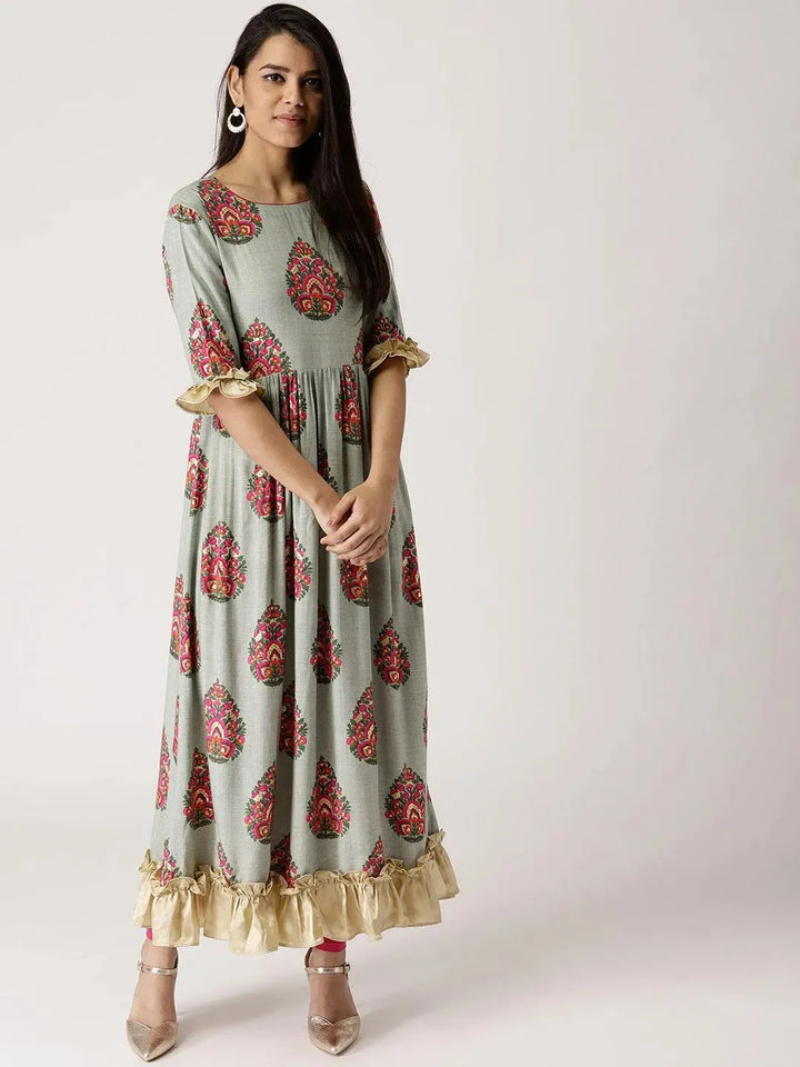 Grey Printed Rayon Dress - Libas