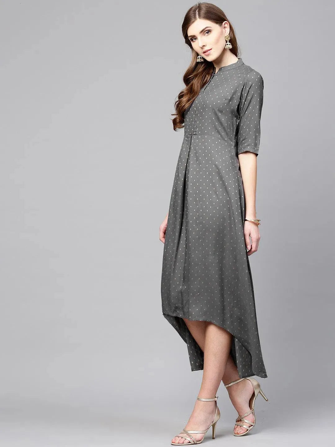 Grey Printed Rayon Dress - Libas