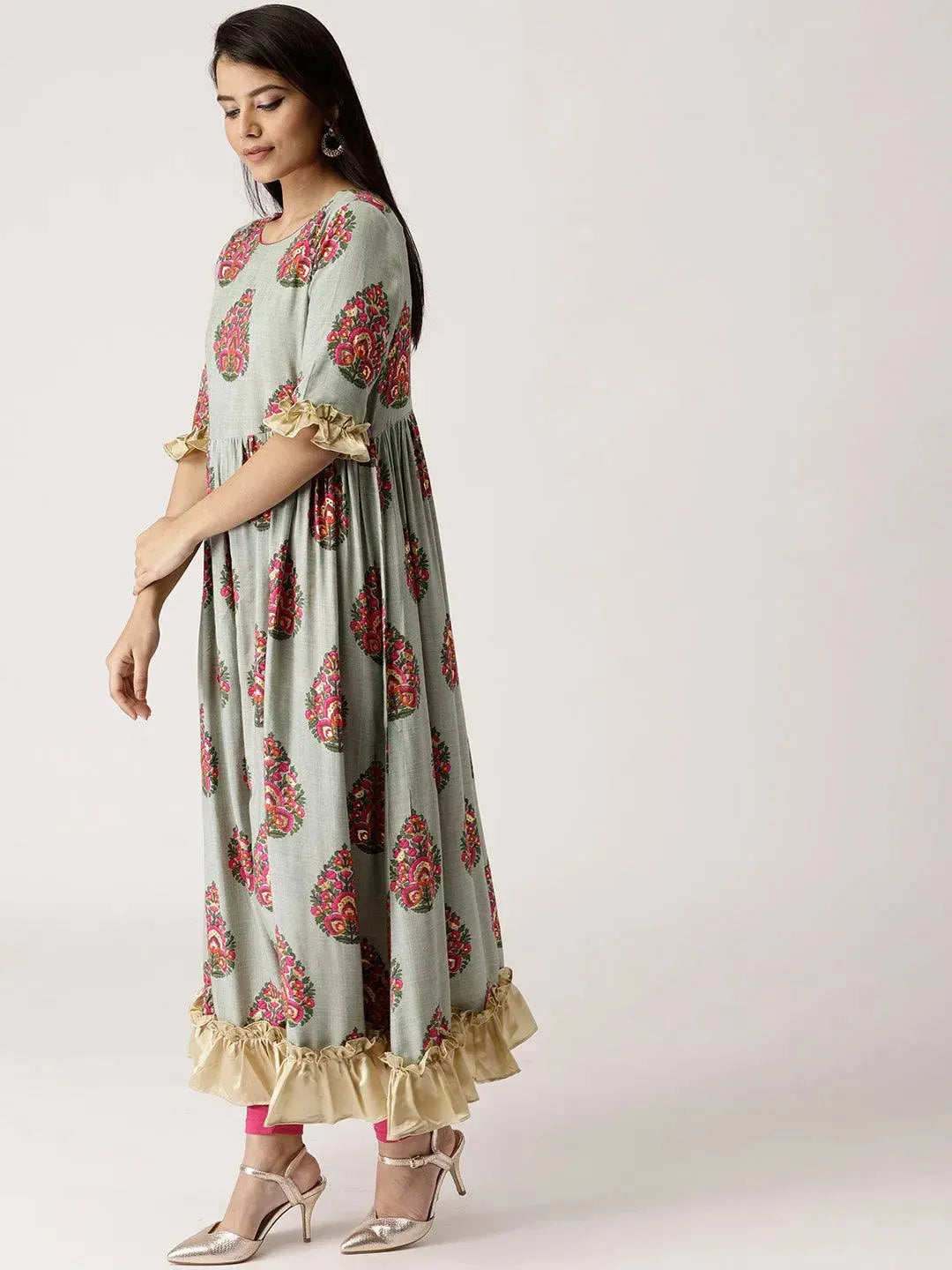 Grey Printed Rayon Dress - Libas 