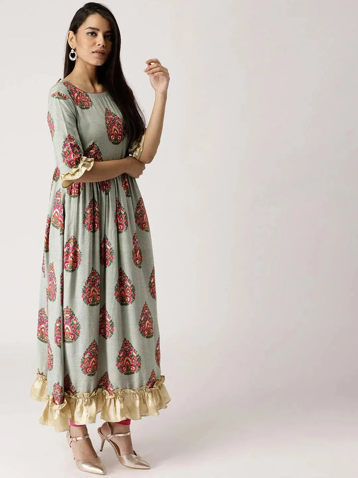 Grey Printed Rayon Dress - Libas