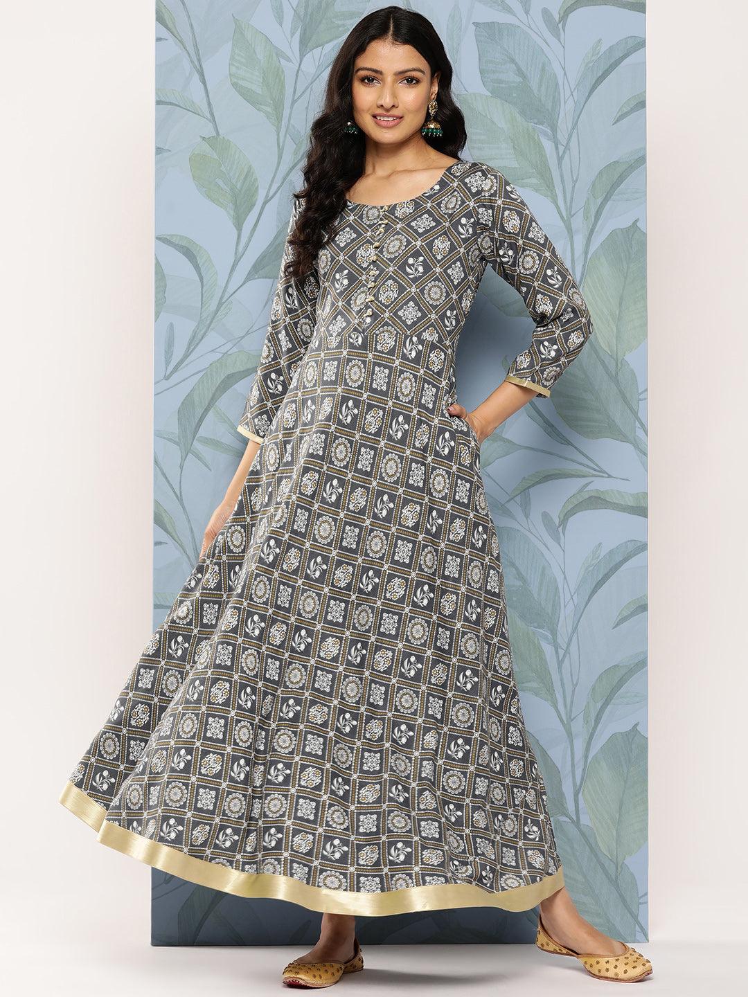 Grey Printed Rayon Fit and Flare Dress - Libas